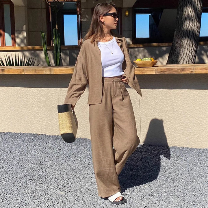 Women's relaxed linen lounge set with oversized shirt and drawstring palazzo pants Mune Fashion