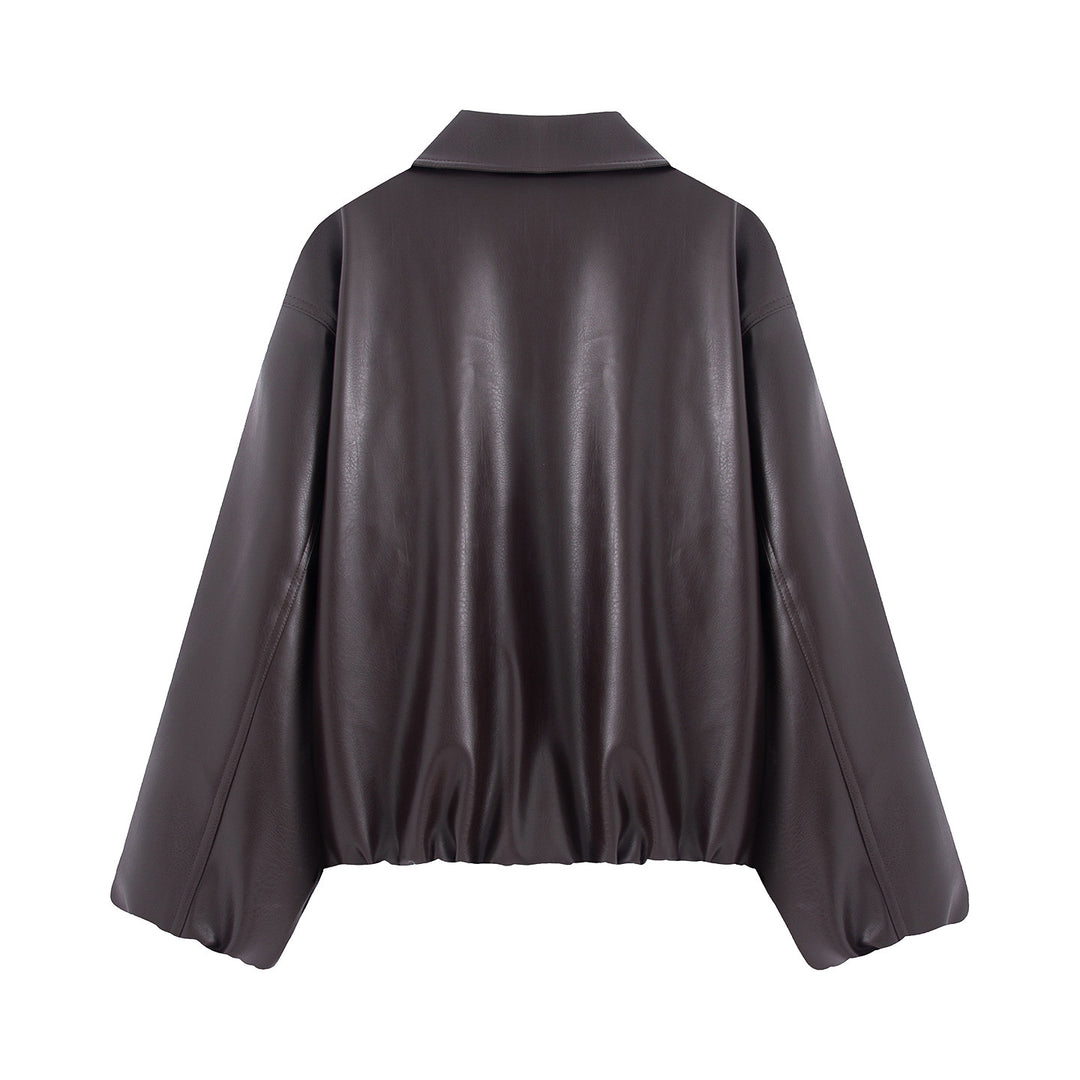Women's Nan Kastiger Oversized Faux Leather Blouson with Shirt Collar, Hidden Zipper, Concealed Pocket, and Elastic Hem Mune Fashion
