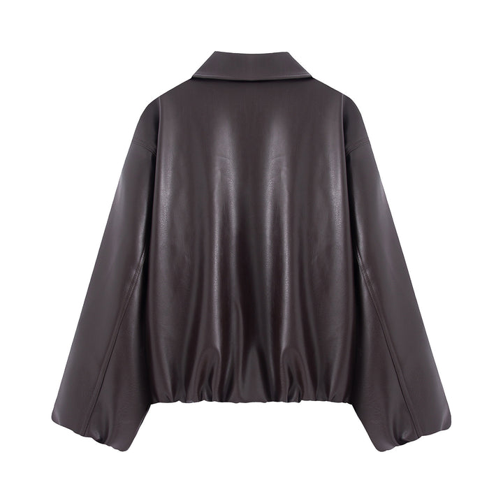 Women's Nan Kastiger Oversized Faux Leather Blouson with Shirt Collar, Hidden Zipper, Concealed Pocket, and Elastic Hem Mune Fashion