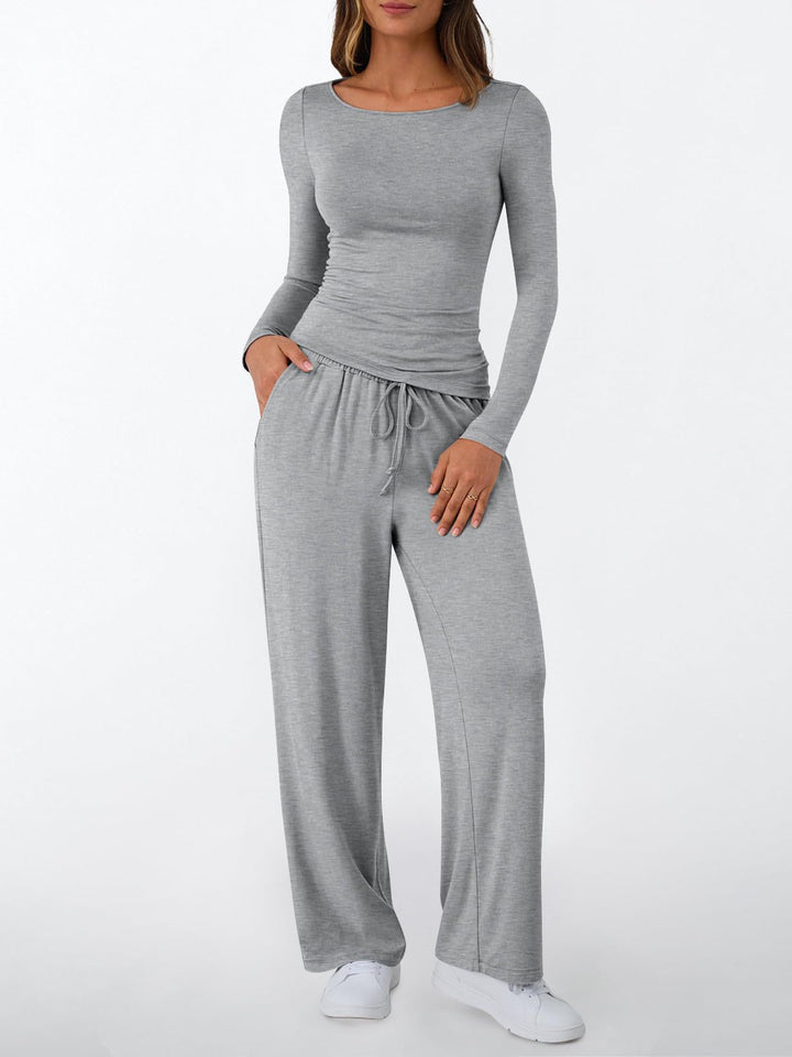 Women's Fitted Long Sleeve Shirt and Palazzo Jersey Pants Loungewear Set Mune Fashion