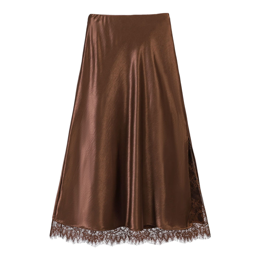 Women's flared satin midi skirt with fine lace lining and seamless waistband Mune Fashion