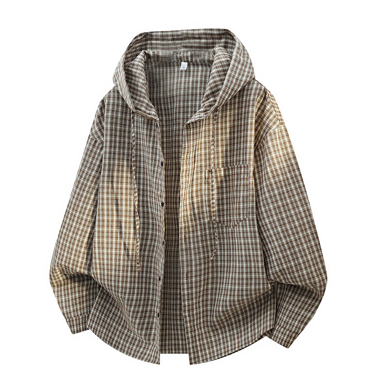 Men's Oversized Checkered Shirt with Hood, Drawstring & Concealed Button Placket Mune Fashion
