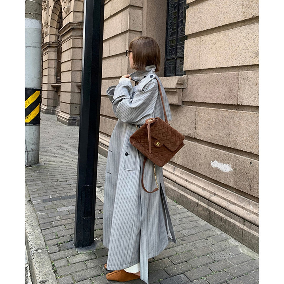 Women’s Long Pinstripe Trench Coat with Tie Belt Shoulder Straps and Flared Hem Mune Fashion