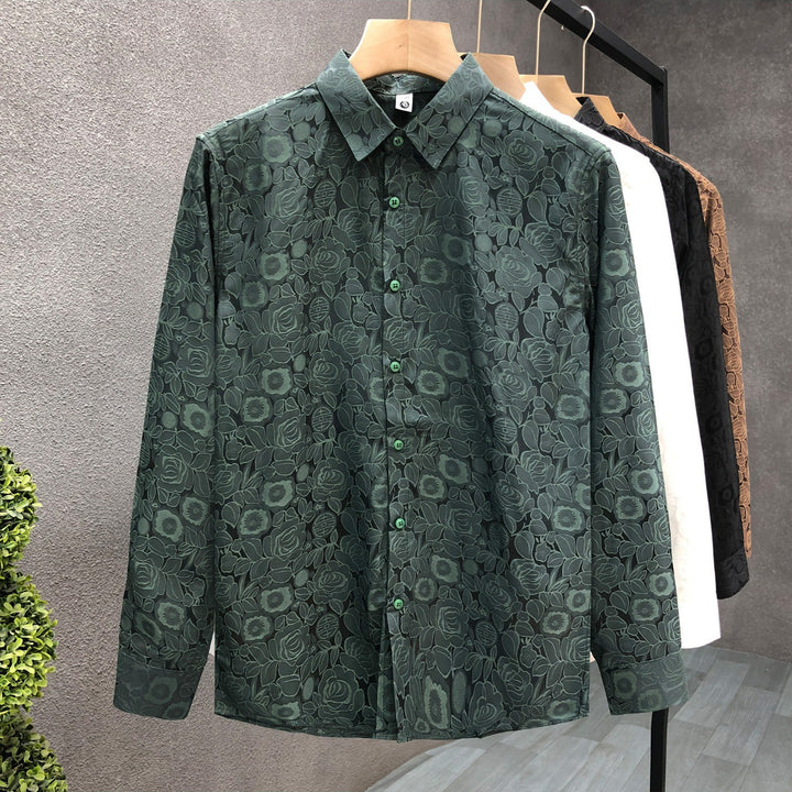 Men's Long Sleeve Jacquard Shirt with Fine Floral Relief and Kent Collar Mune Fashion