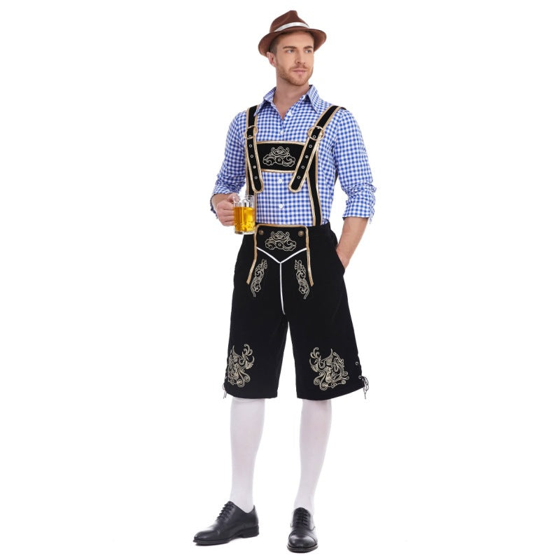 Men's faux-felt leather knee-length pants with baroque embroidery, adjustable straps, and decorative rivets Mune Fashion