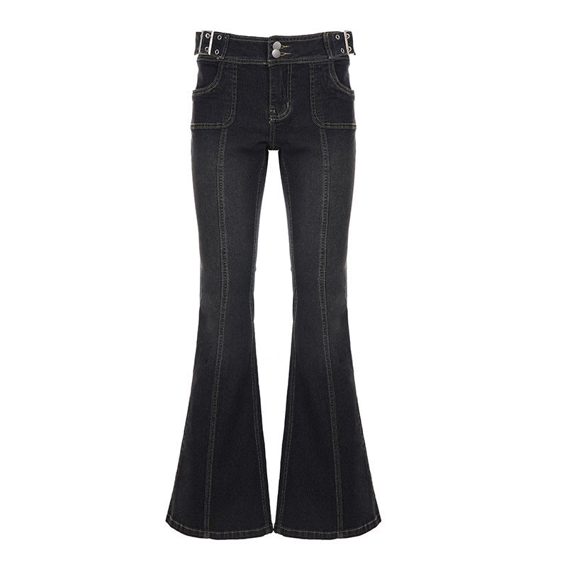 Ladies High-Waisted Flared Jeans with Center Seam and Decorative Belt Loops Mune Fashion