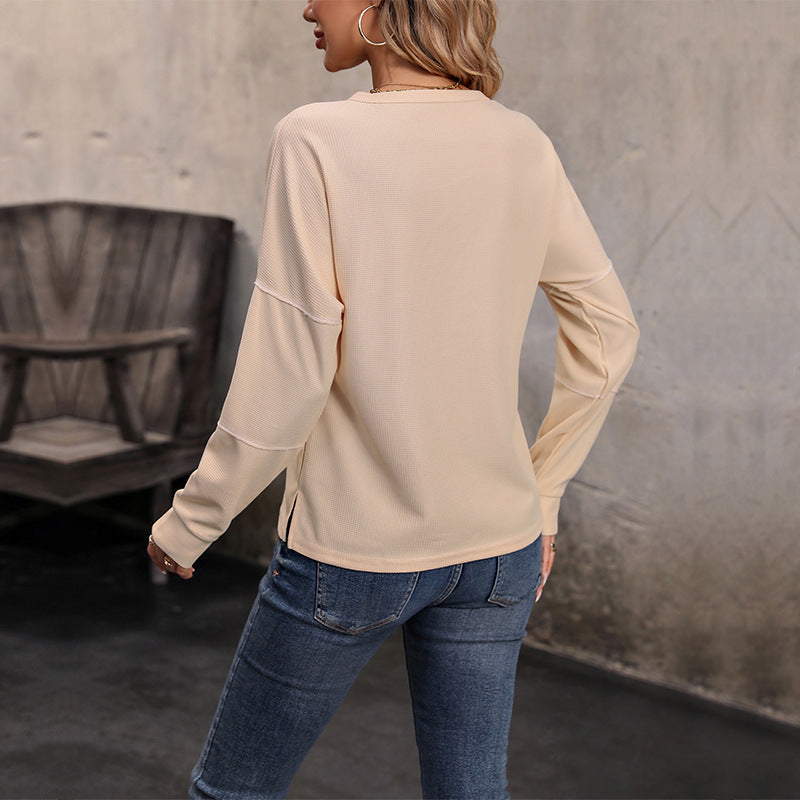 Women's Long-Sleeve Waffle Knit Henley Shirt with Button Placket Mune Fashion