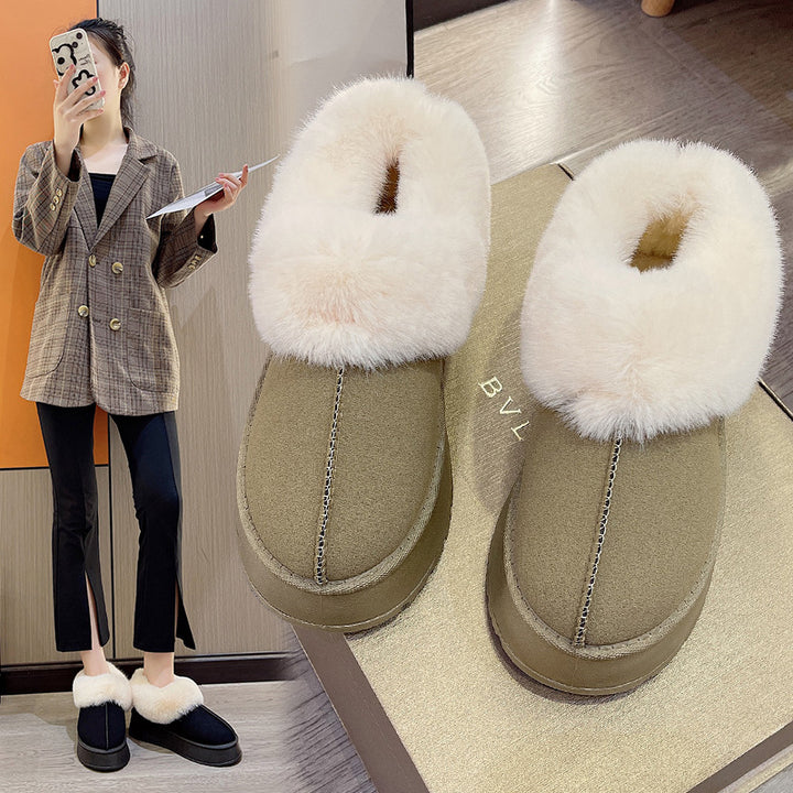 Women Padded Platform Slippers with Fur Collar and Non-Slip Profile Sole Mune Fashion