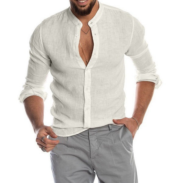 Men's linen shirt with stand-up collar, continuous button placket, and casual slim-fit cut Mune Fashion