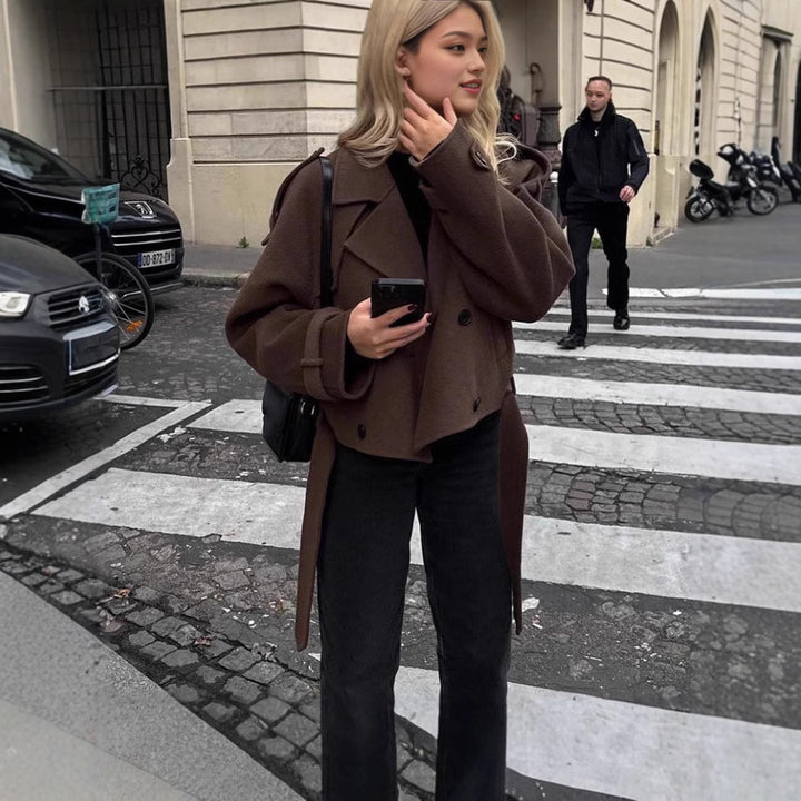 Women Short Wool Coat with Oversized Collar, Double-Breasted Button Placket and Tie Belt Mune Fashion