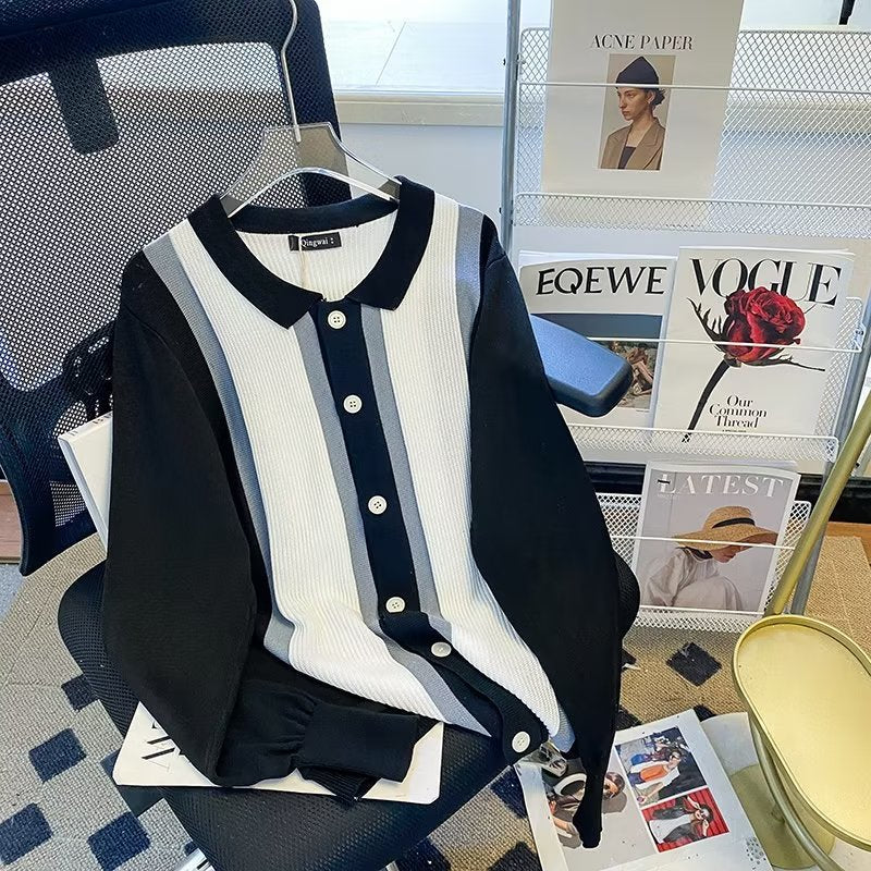 Women's Fine Knit Cardigan with Polo Collar, Contrasting Ribbed Inserts and Continuous Button Placket Mune Fashion
