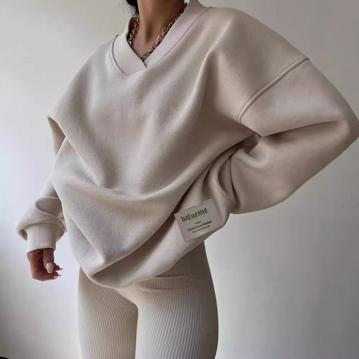Women Oversized Sweatshirt with V-neck and Ribbed Collar Mune Fashion