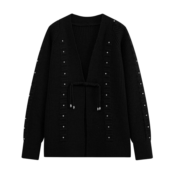 Women Chunky Knit Long Cardigan with Decorative Stones and Drawstring Ties Drune