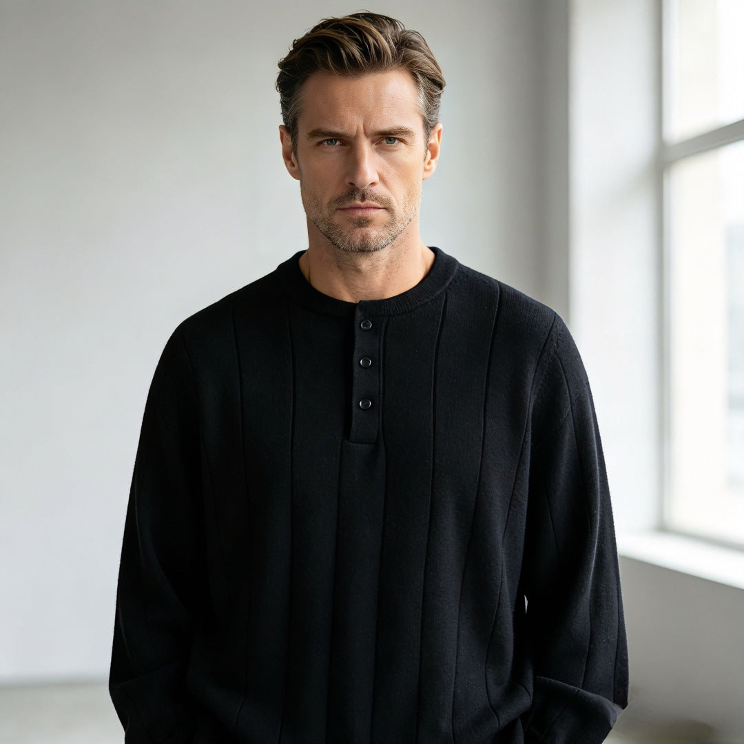 Unisex Oversized Structured Henley Knit Sweater with Vertical Rib Structure and Half Placket Mune Fashion