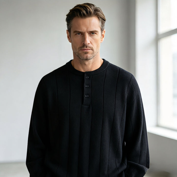 Unisex Oversized Structured Henley Knit Sweater with Vertical Rib Structure and Half Placket Mune Fashion