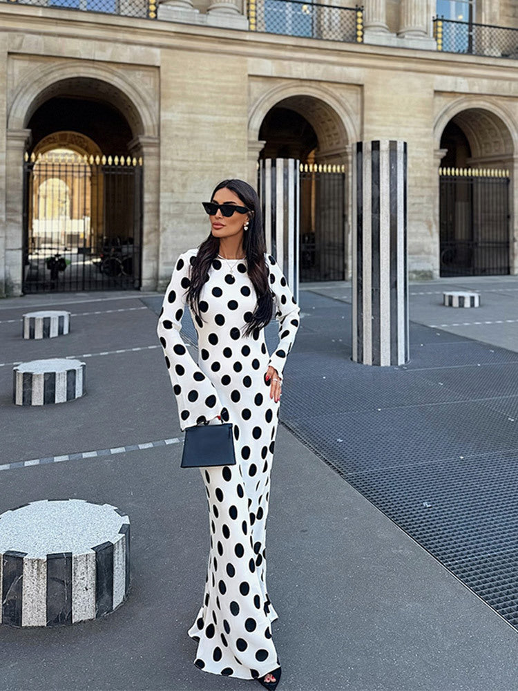 Women's Figure-Hugging Polka Dot Maxi Dress with Trumpet Sleeves & Round Neckline Mune Fashion