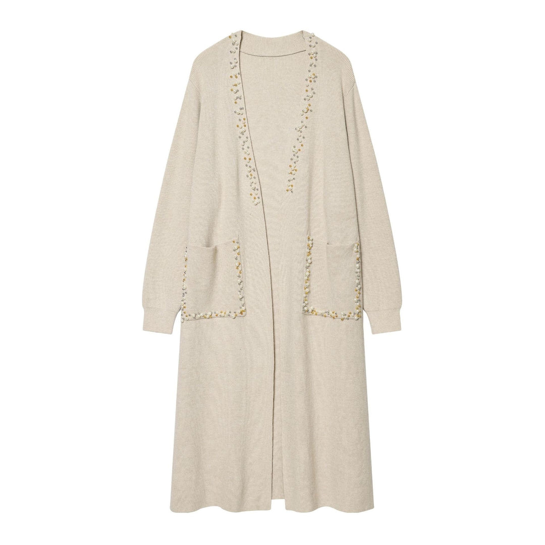 Women's long knit cardigan with bead embellishment and patch pockets Mune Fashion