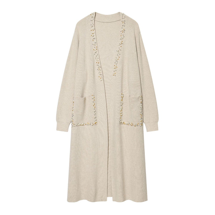 Women's long knit cardigan with bead embellishment and patch pockets Mune Fashion