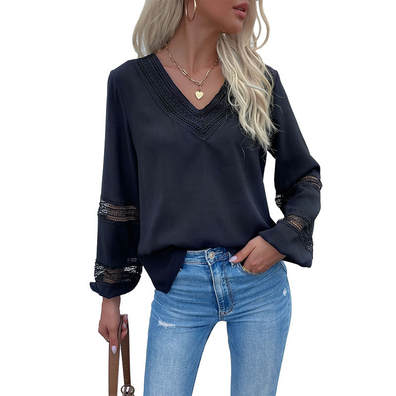 Ladies satin blouse with V-neck, decorative lace yoke and sleeves with lace insert Mune Fashion