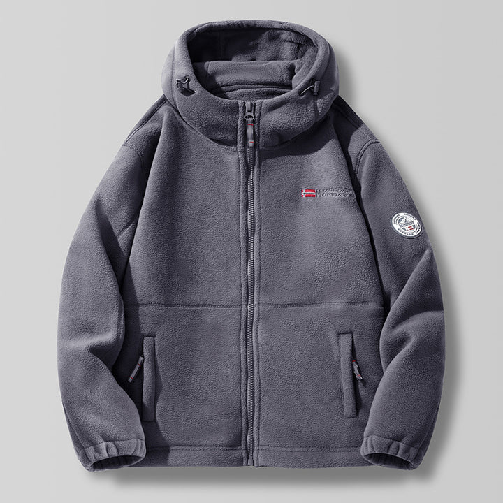 Unisex nan Hooded Fleece Jacket with high collar, full zip and side pockets.