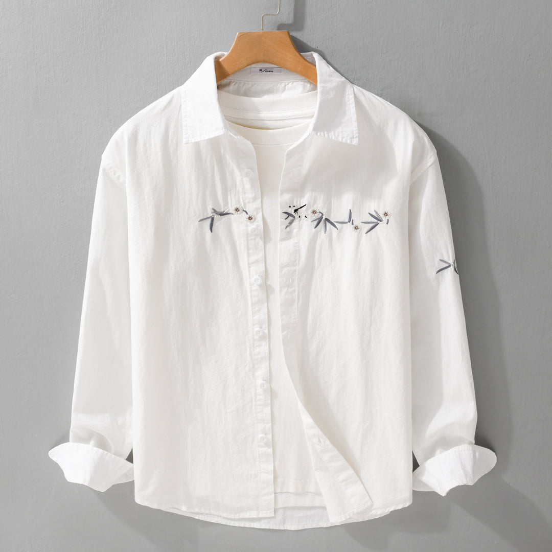 Women's loose embroidered cotton overshirt with kent collar and layering detail Mune Fashion