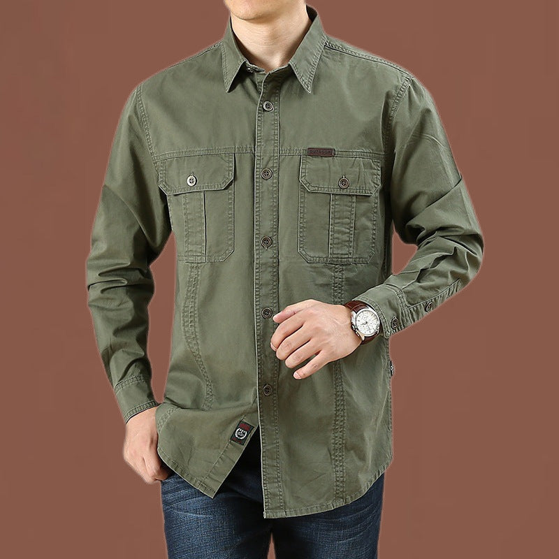 Men's robust cotton twill field shirt with patch flap chest pockets and distinctive seam details.