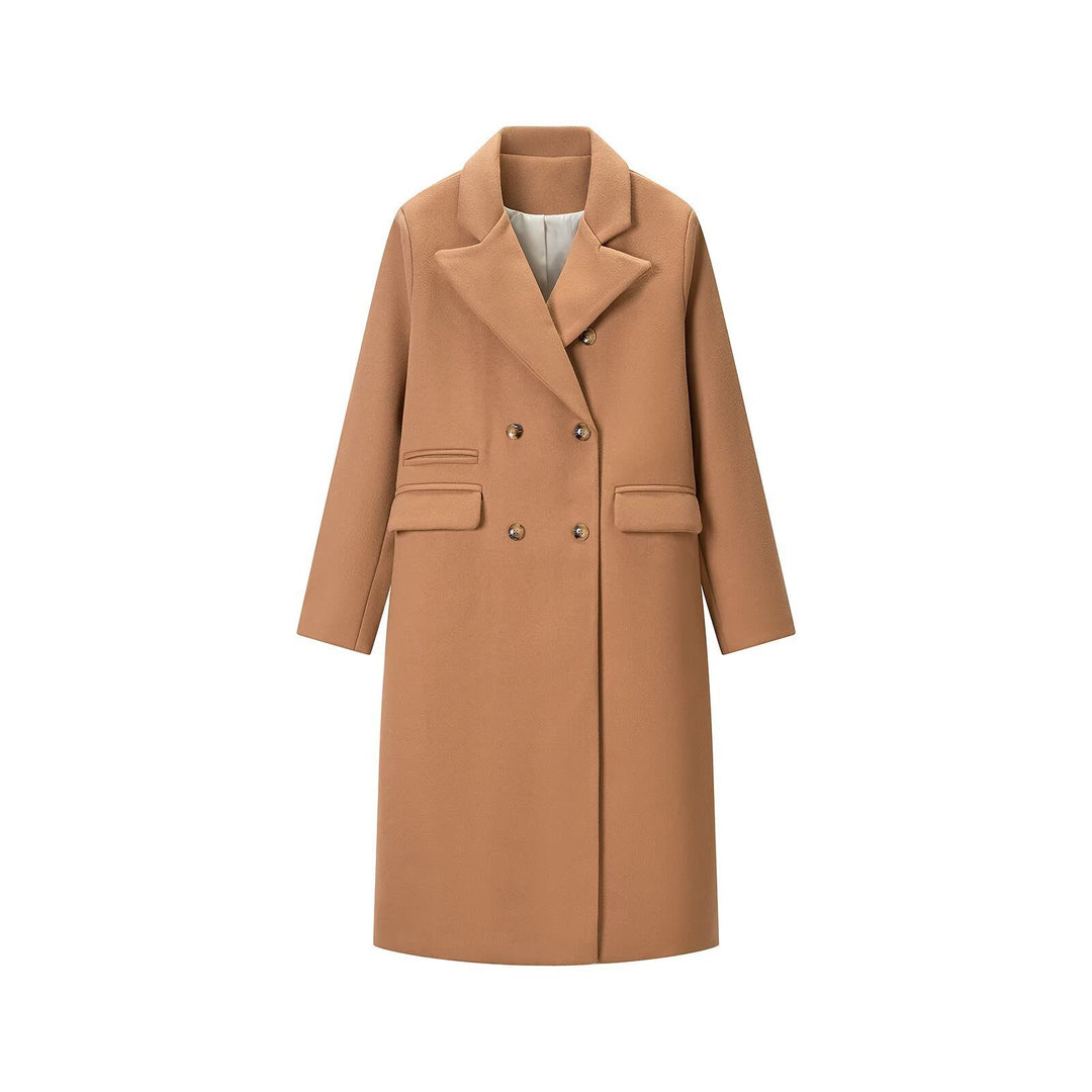 Women's Double-Breasted Long Coat with Wide Lapel Collar and Flap Pockets Mune Fashion