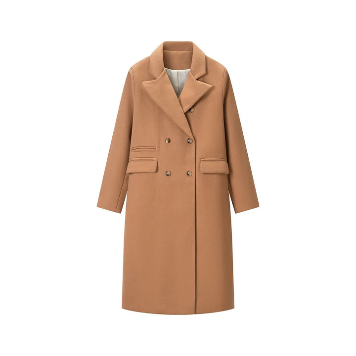 Women's Double-Breasted Long Coat with Wide Lapel Collar and Flap Pockets Mune Fashion