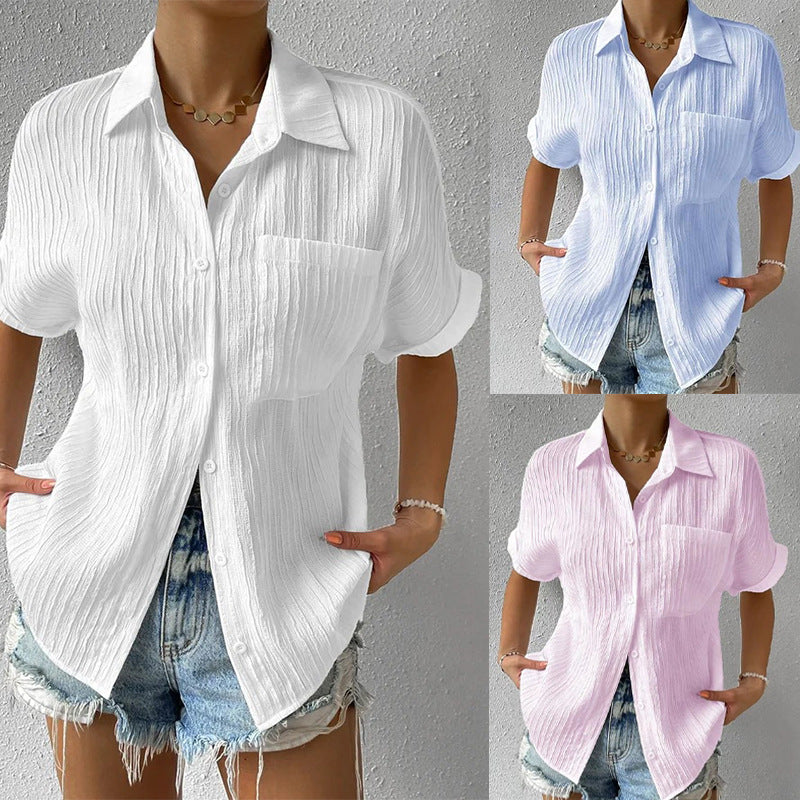Women's crinkle effect shirt blouse with breast pocket, rolled sleeves and loose fit Mune Fashion