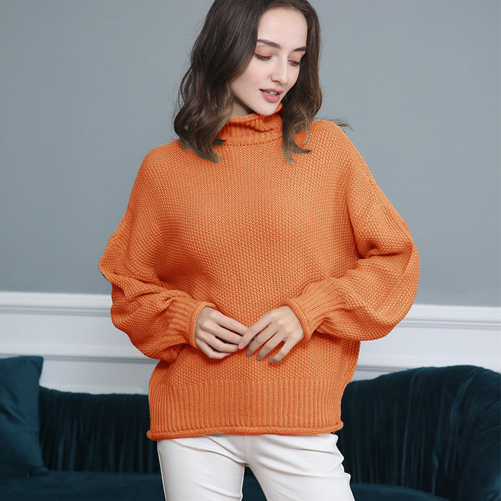 Women's Chunky Knit Turtleneck Sweater with Balloon Sleeves Mune Fashion