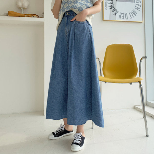 Women's Long Jeans Culotte Skirt with High Waist, Boxy A-Line Silhouette and Side Pockets Mune Fashion