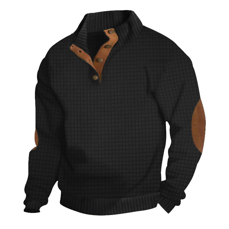 Men's Structured Waffle Knit Henley Sweater with Leather Trim & Elbow Patches Mune Fashion