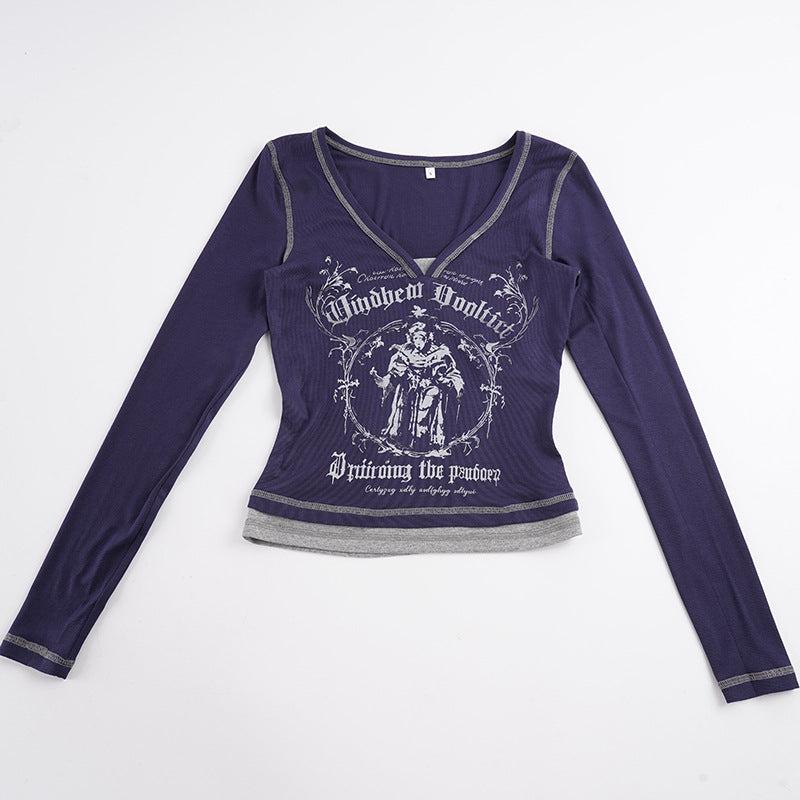 Women Tight Fitted Ribbed Long Sleeve Top with V-Neck, Contrast Stitching and Gothic Print Mune Fashion