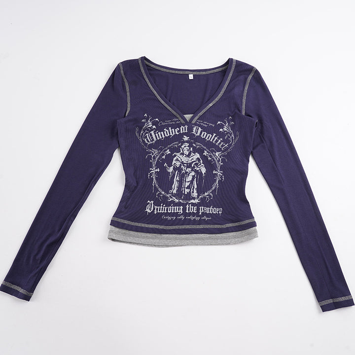 Women Tight Fitted Ribbed Long Sleeve Top with V-Neck, Contrast Stitching and Gothic Print Mune Fashion