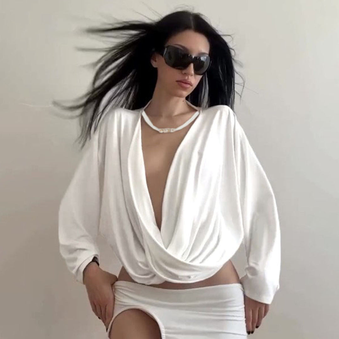 Women's Wrap Cropped Long Sleeve with Draped Front and Tailored Cut Mune Fashion