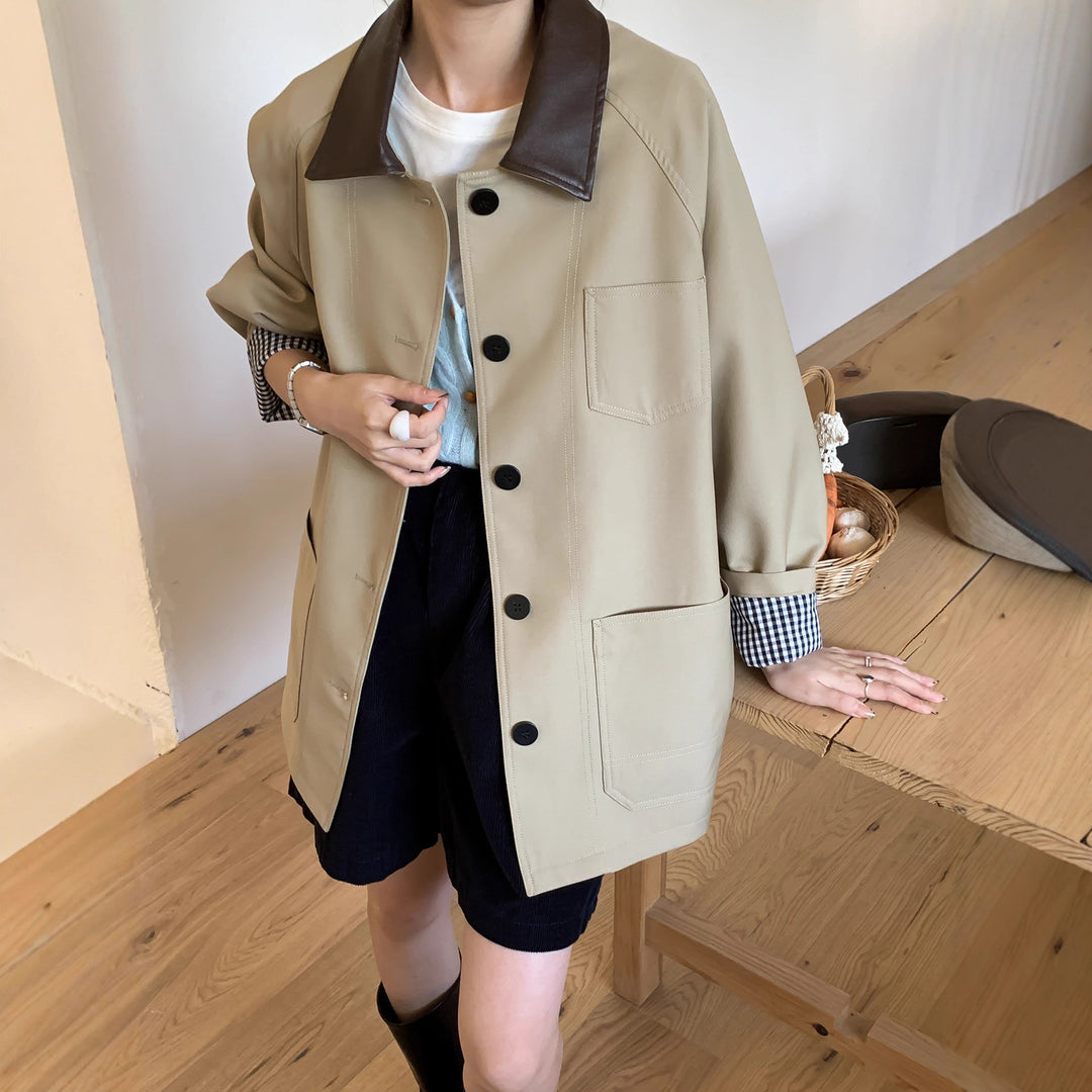 Women Lightweight Oversized Transition Jacket with Contrast Collar and Checkered Sleeve Hem Mune Fashion