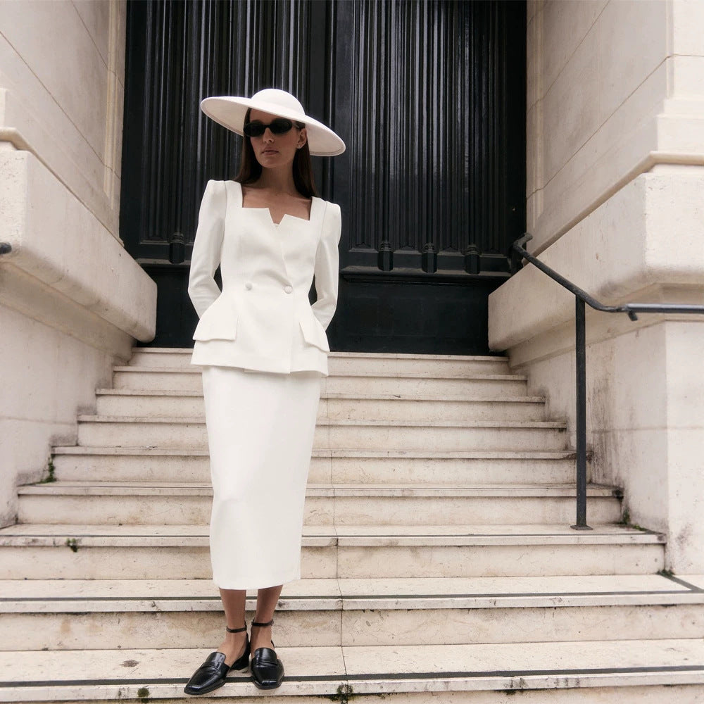 Women Fitted Suit Set with Distinct Angular Neckline and Peplum Mune Fashion