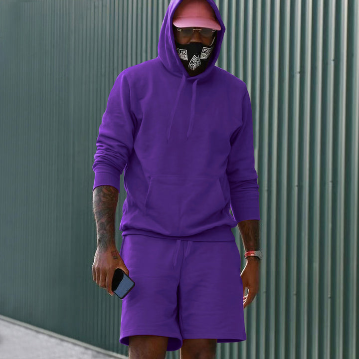 Men's two-piece leisure set hoodie and sweat shorts made of French Terry with kangaroo pocket and drawstring Mune Fashion