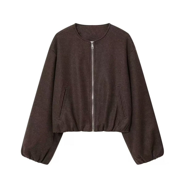 Women's short wool blend bomber jacket with round neckline, concealed zipper, elastic hem, and dropped shoulders Mune Fashion