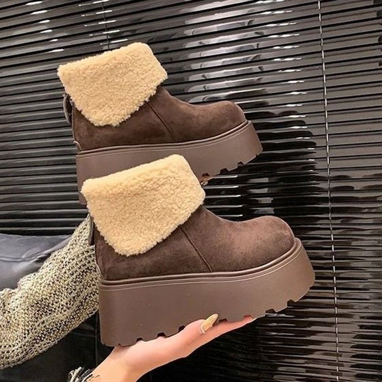 Women's Fleece-Lined Platform Ankle Boots with Teddy Collar and Chunky Sole Mune Fashion