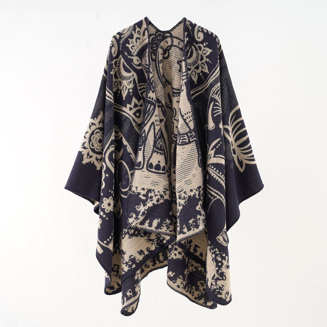 Women’s Ornamental Jacquard Wrap Cape with Soft Fall Mune Fashion