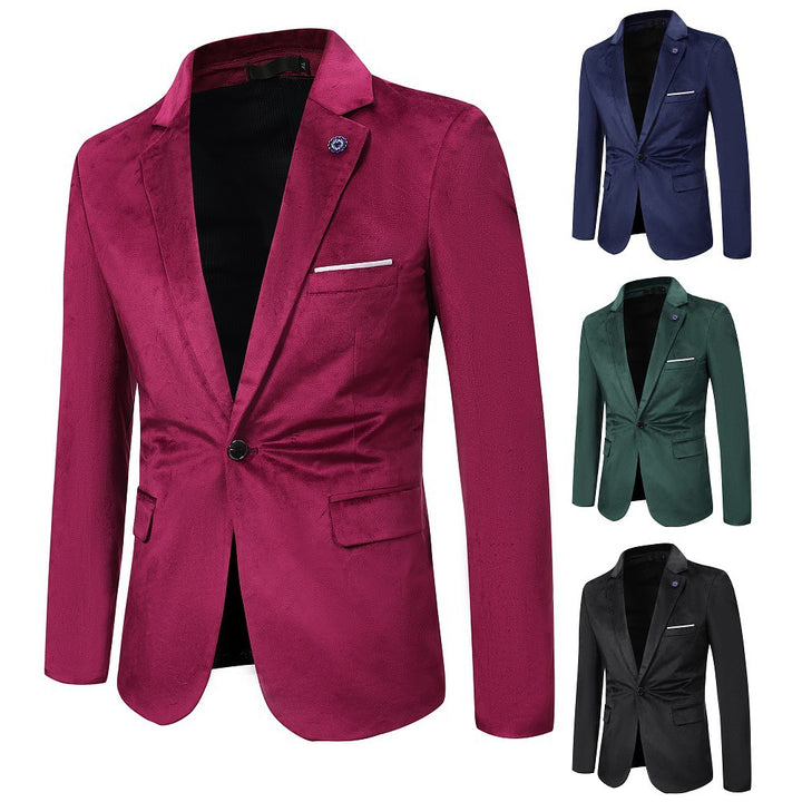 Men's Tailored Velvet Blazer with One Button, Lapel Collar and Flap Pockets Mune Fashion
