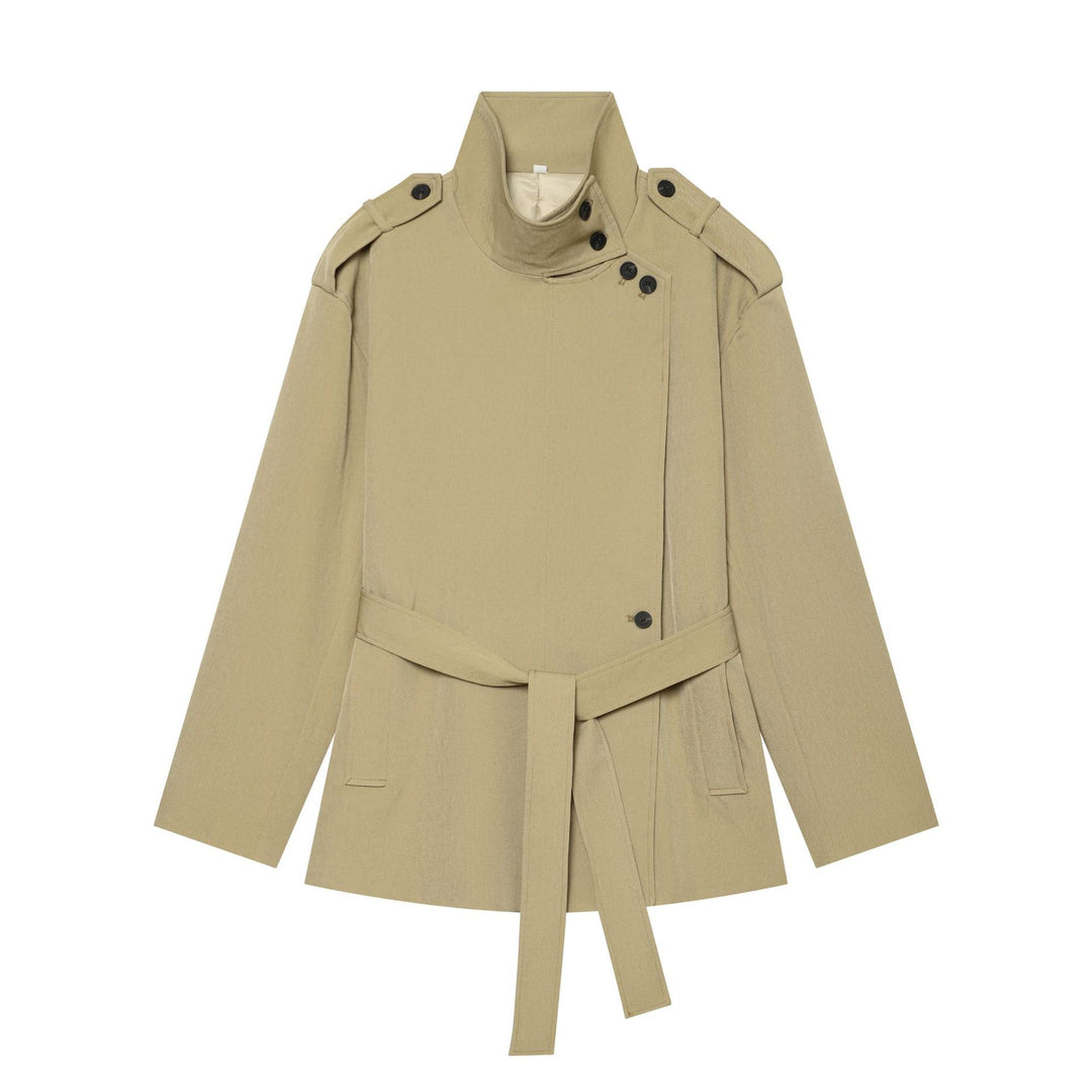 Women Short Fitted Trench with High Stand-up Collar and Tie Belt Mune Fashion