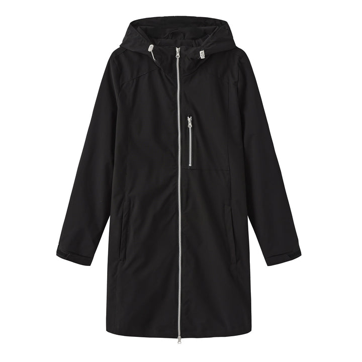 Women's long slim functional rain jacket with full-length zipper, chest zip pocket, and velcro cuffs Mune Fashion