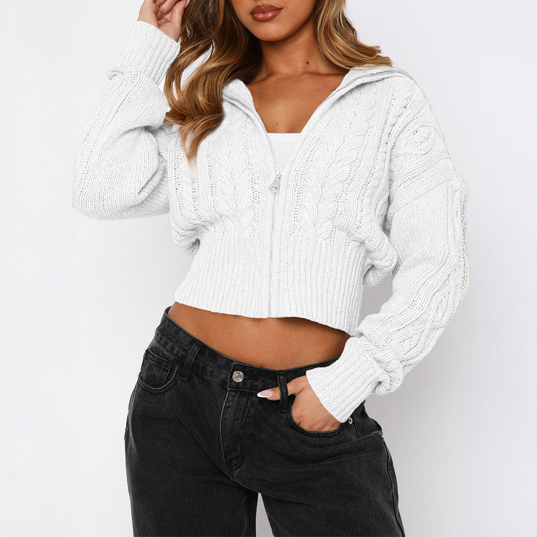 Women's cropped braid knit cardigan with full zipper, stand collar, and balloon sleeves Mune Fashion
