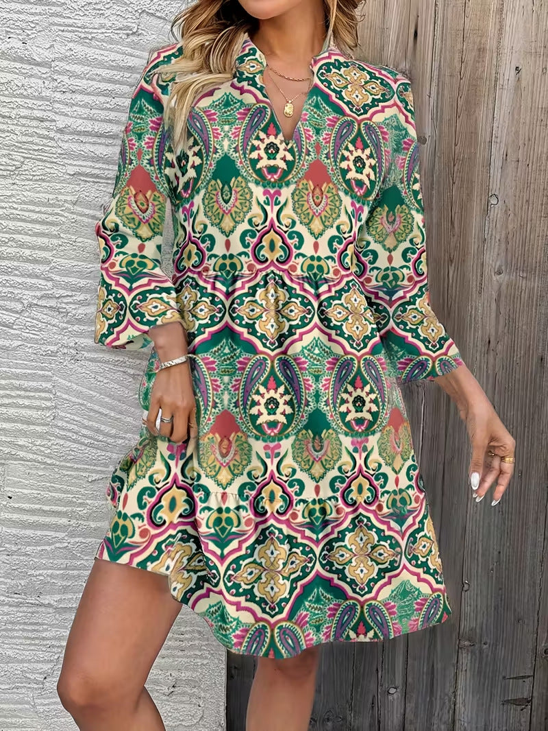 Women's Floral Babydoll Dress with V-Neck, High Empire Waist and Bell Sleeves Mune Fashion