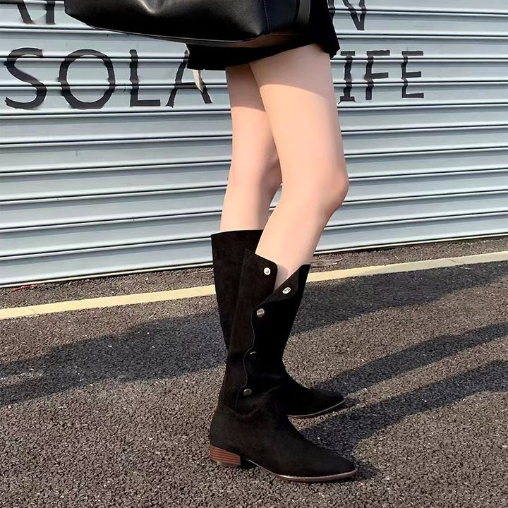 Women knee-high suede boots with foldable cuff and pointed toe Mune Fashion