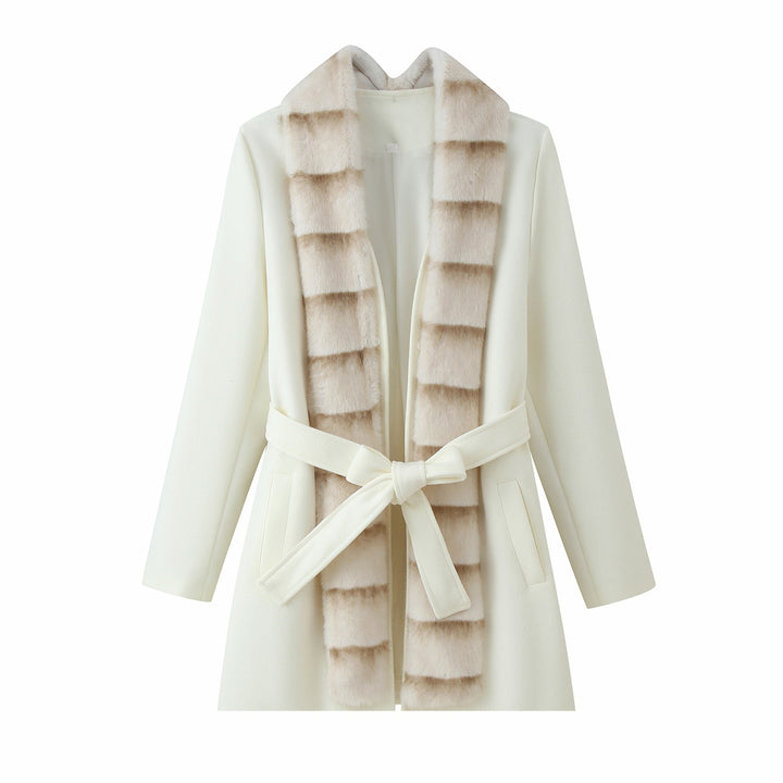 Women's Tailored Wool Blend Coat with Tie Belt and Removable Faux Fur Shawl Collar Mune Fashion