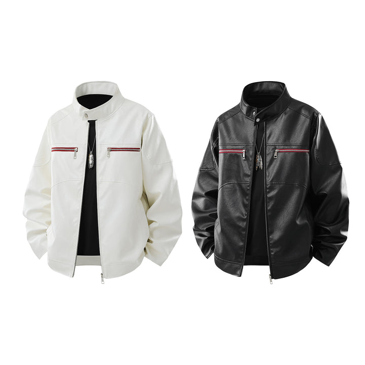 Herren Kunstleder-Bomberjacke mit Stehkragen, Zwei-Wege-Reißverschluss und Brustreißverschlusstaschen Mune Fashion