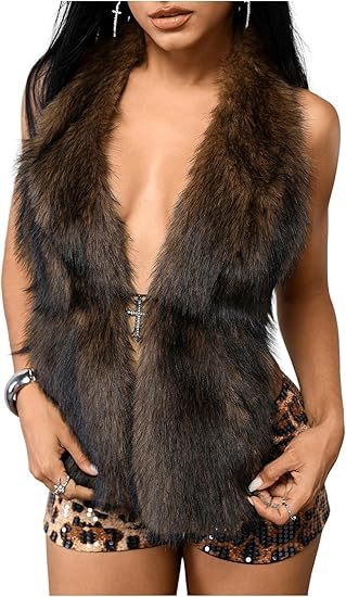 Women's Sleeveless Cropped Faux Fur Set with Mini Skirt and Fluffy Cuffs Mune Fashion
